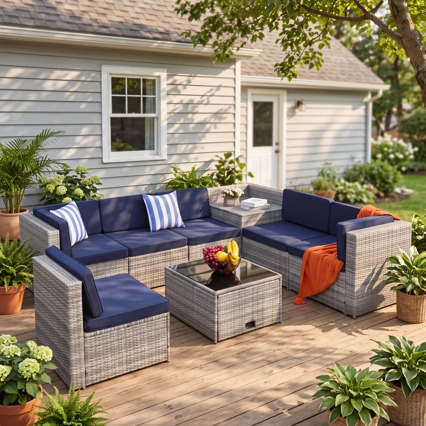 7 Piece Patio Furniture Set Wicker Rattan Sectional Sofa Outdoor Seating with Thickened Cushions for Backyard Garden Deck