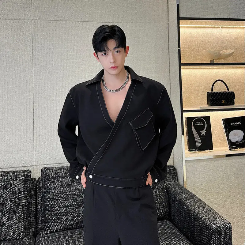 

New Chinese Sle T Jaet Men's Jaet Collar Design Sensation Straight Line Oblique Flap Turn-down Collar Workwear Top