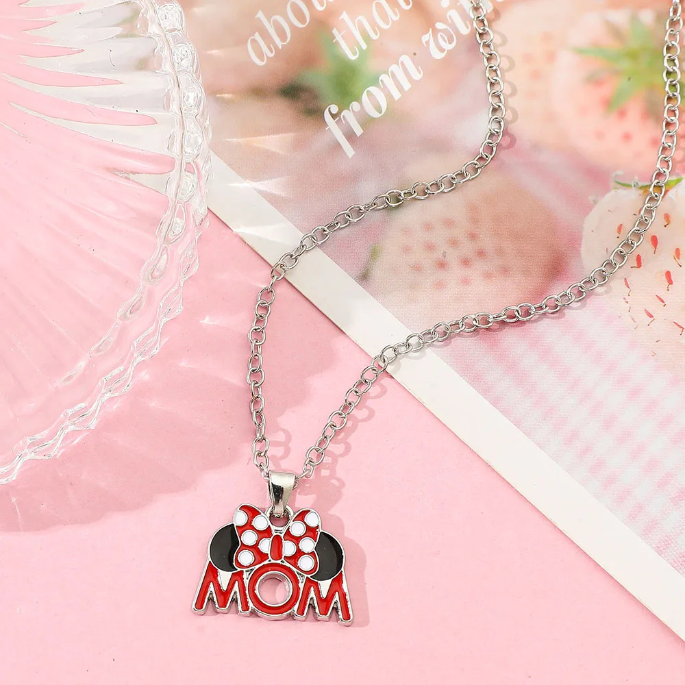 قلادة ميني ماوس بحروف 'MOM' مع قلادة على شكل فيونكة، إكسسوار مجوهرات أنيق هدية الأم العصرية #3
