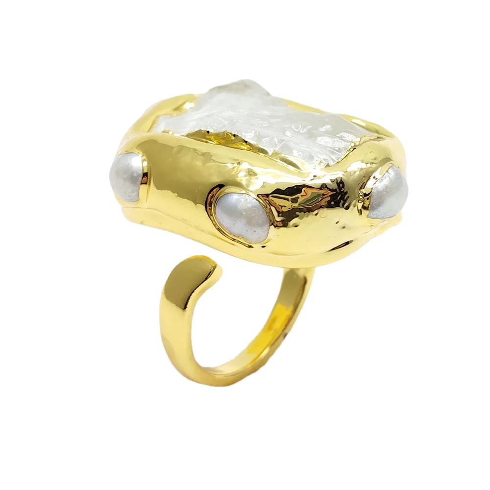 

Y·YING Big Real White Quartz Rough Raw White Pearl Adjustable Ring Fashion Jewelry