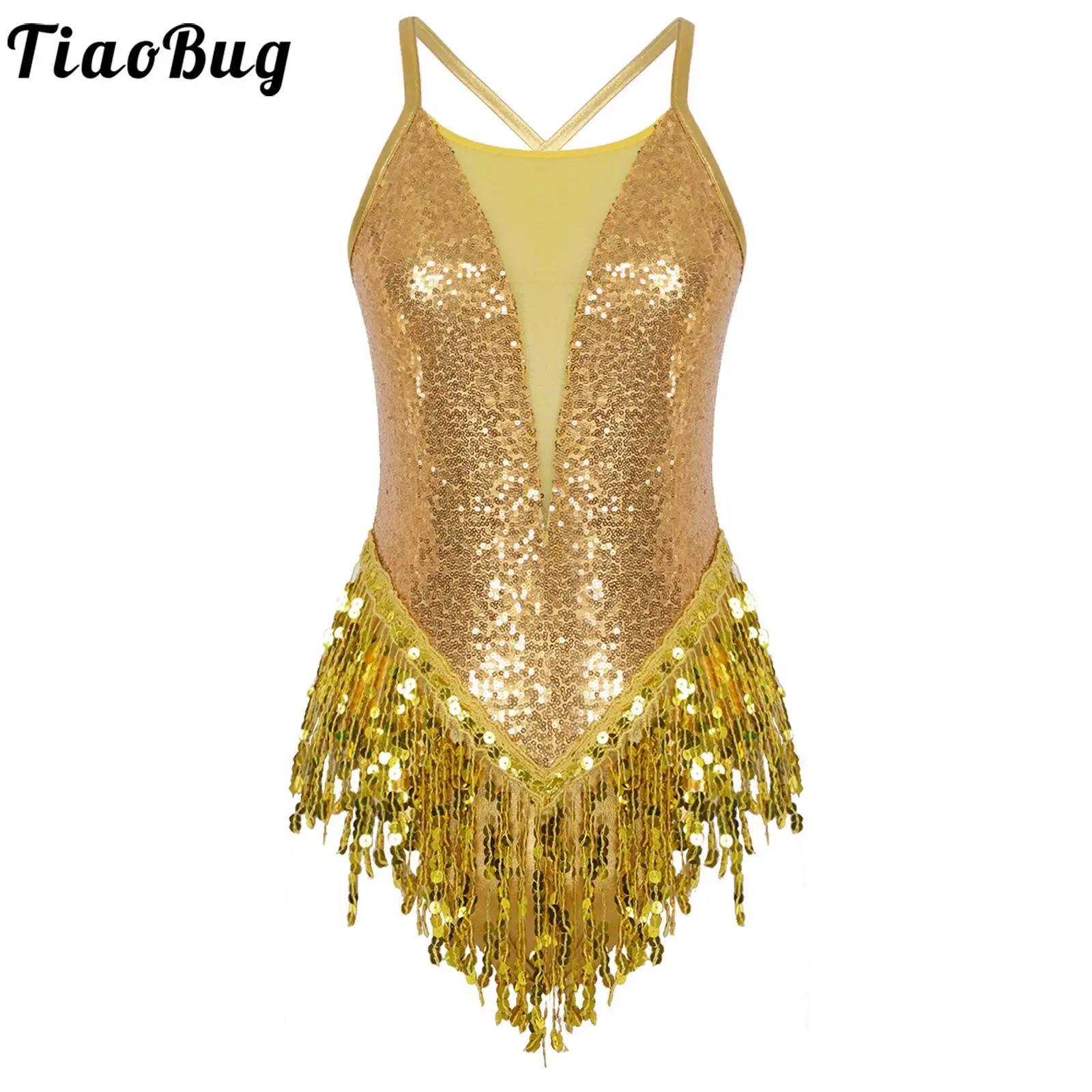 

Women Latin Jazz Dance Leotard Dress Sparkling Sequins Fringed Skirted Bodysuits for Tango Salsa Dance Club Performance Costume