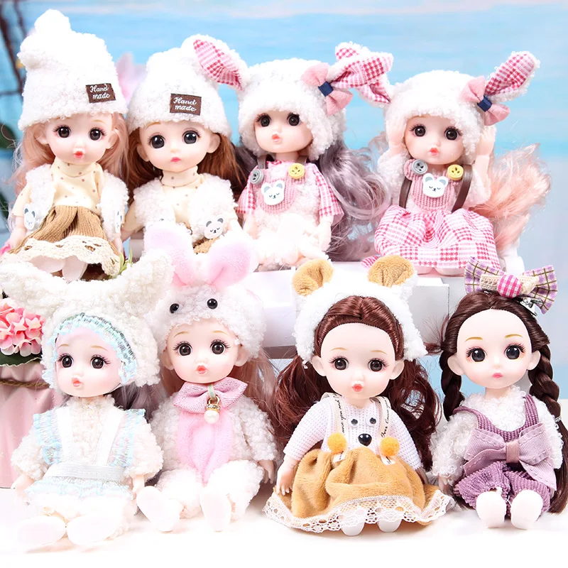 16cm Cute Baby Doll with Headwear Clothes Accessories Little Girl Doll with 3D Brown Eyes Dress Up Toys for Girls Birthday Gifts