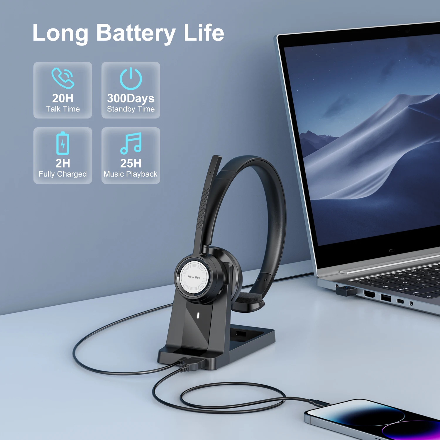 سماعات رأس لاسلكية جديدة Bee BH60P مع قاعدة شحن V5.0 سماعة رأس للمكتب مع ميكروفون مزدوج CVC 8.0 خاصية إلغاء الضوضاء لمركز الاتصال