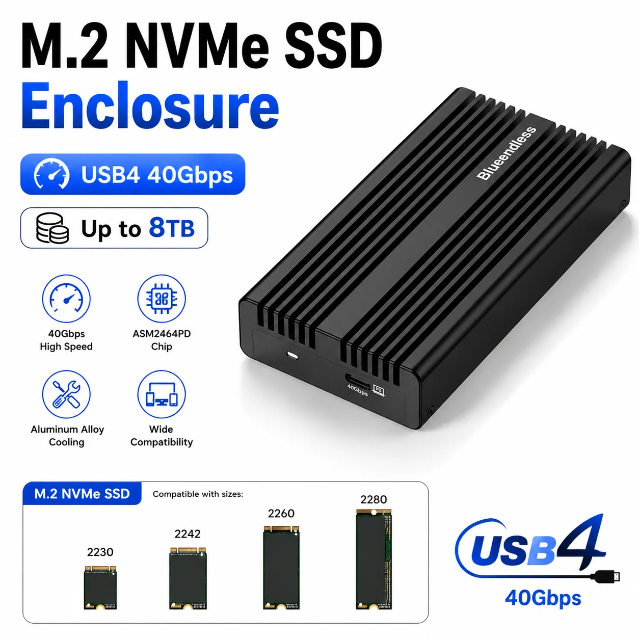 M.2 NVMe SSD Enclosure USB4 40Gbps Type-C External SSD Case Aluminum Alloy for 2230 2242 2260 2280 SSD