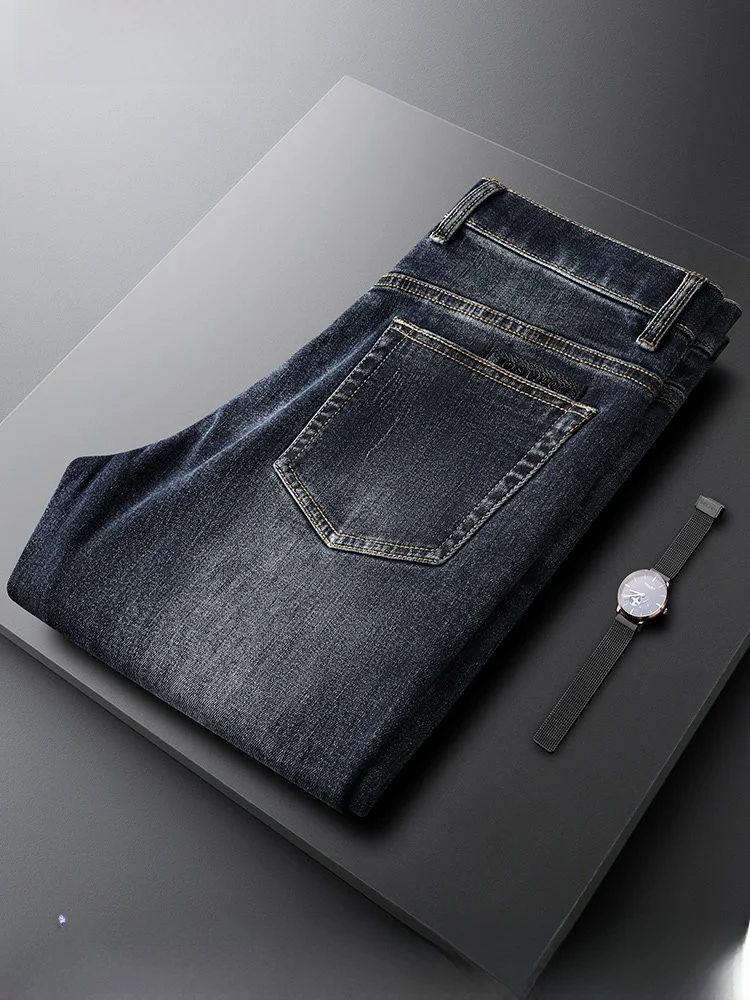 

Deep Blue Slim Fit Cotton Denim Jeans Men's Casual Straight Leg Long Pants Autumn Winter Lightweight Busin