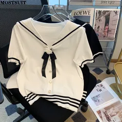 Sailor Collar Striped Sweater Women Knit T-shirt Tees 2024 Summer Short Sleeve Elegant Fashion Loose Ladies Knitwear Y2k Tops