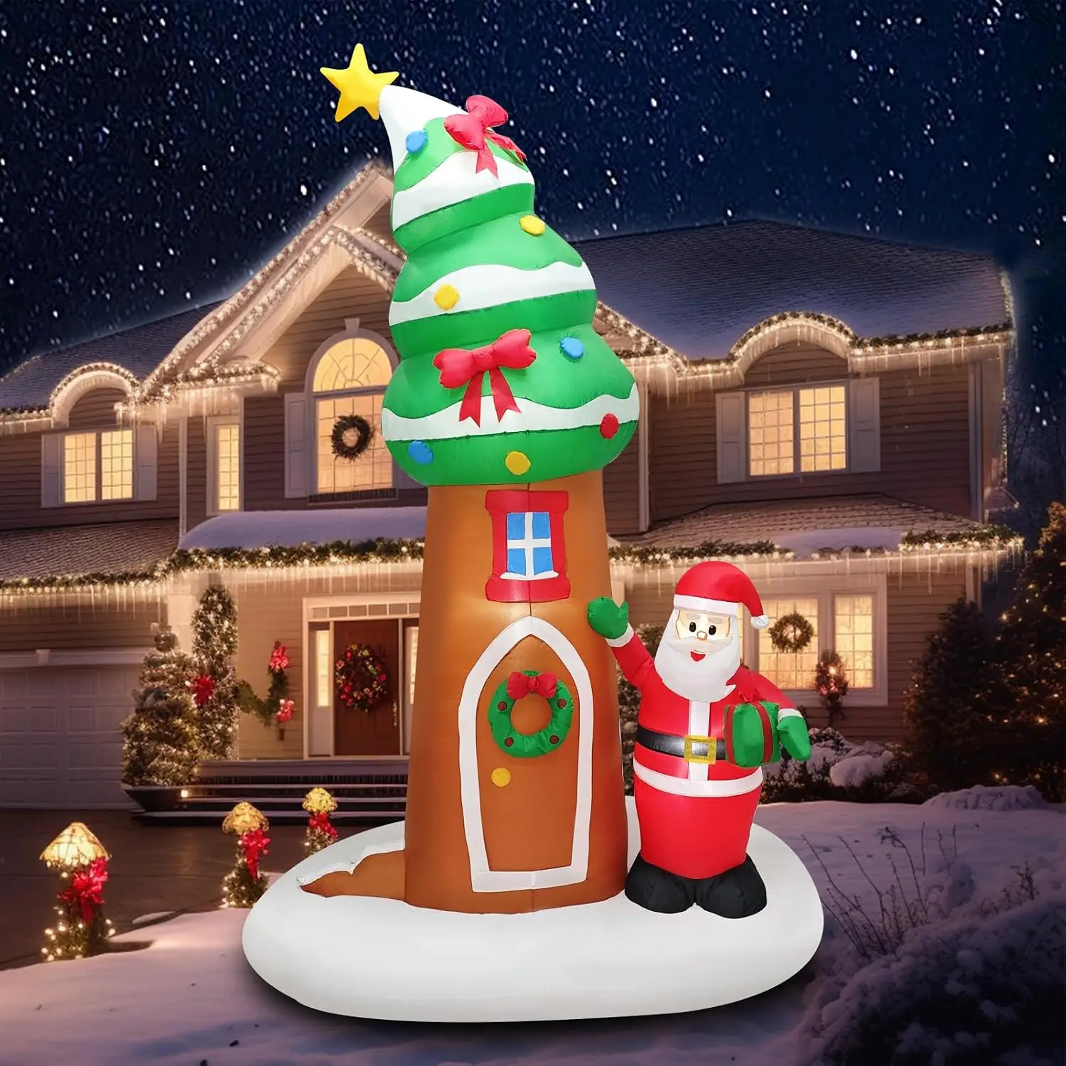 9 FT Blow-Up Christmas Tree House Decoration with Santa Claus and Wreath, Inflatable Xmas Outdoor Holiday Display for Yard