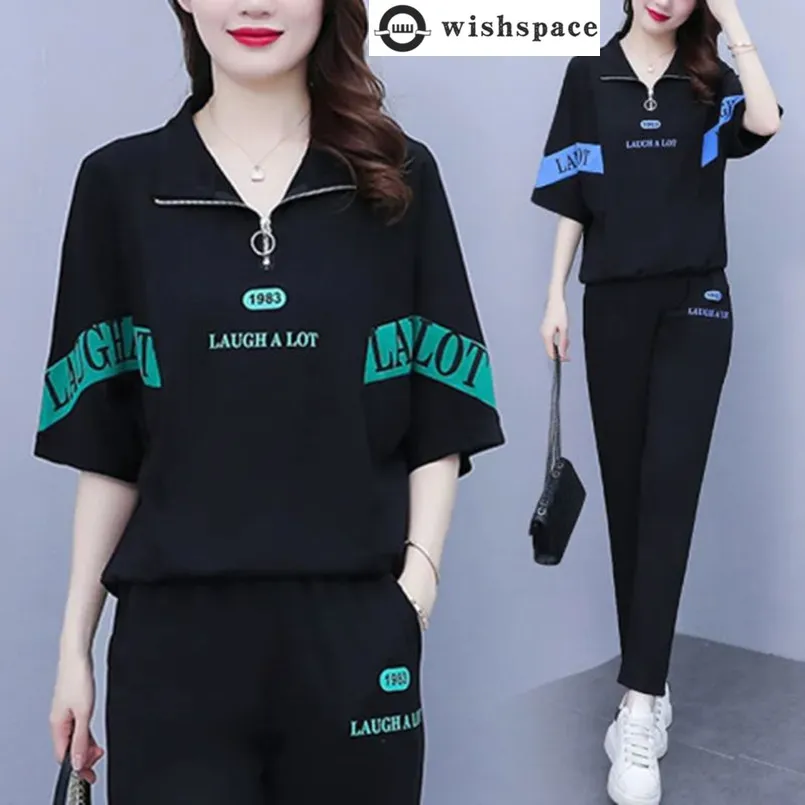 

Spring and Summer New Casual Fashion Set Stylish Loose Fit Slimming Short Sleeved T-shirt Long Pants Two-piece Set