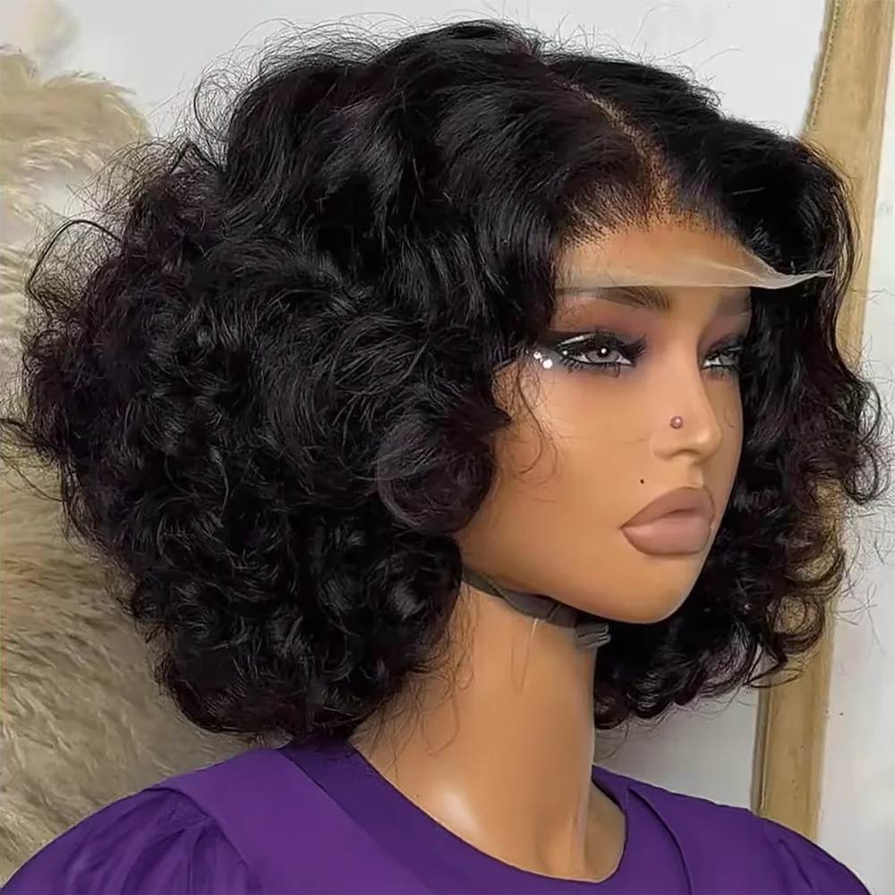 Peluca Bob corto ondulada de 250% de densidad, 7x5, desgaste para ir, cabello humano sin pegamento, pelucas frontales de encaje transparente 13x4 para mujeres de 16 pulgadas