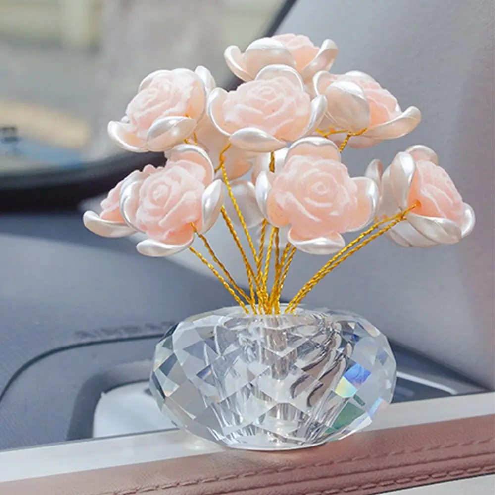 Exquisite Crystal Rose Bouquet Handmade Mini Crystal Flower Figurine Colorful Car Interior Ornaments