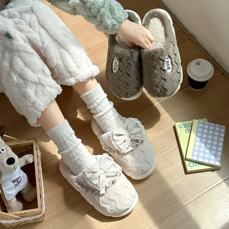 Bow Cotton Slippers Women's Men's Winter Indoor Home Couple Cotton Slippers Autumn/winter Thick Bottom Warm Postpartum Shoes