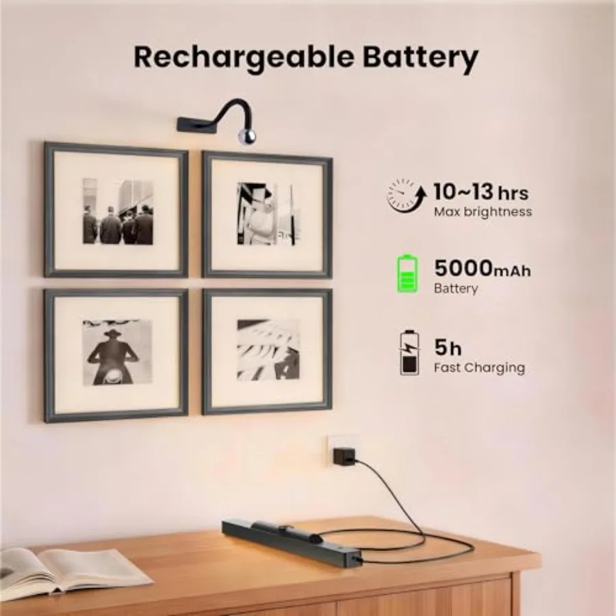 Lámpara para Cuadros a Pilas, Lámpara de Pared de 16 Pulgadas, Luces de Pared Inalámbricas de 5000 mAh con Control Remoto, Lámpara para Arte con Dimmer