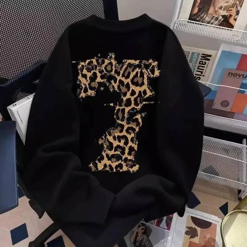 

Толстовка большого размера 300 Pou, модная, брендовая, с леопардовым принтом и принтом номера 7, круглый вырез, длинный рукав, осенне-зимняя, Pure C...