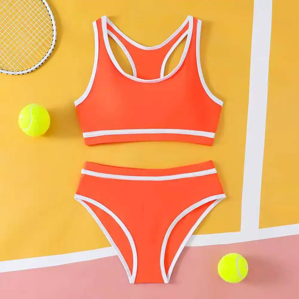 

2026 Sporty High Waist Bikini Girls Swimsuit Kids Swimwear Female Children Bathers Bathing Swimming Swim Suit Beachwear