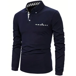 2023 Autumn New Fashion Men's Long Sleeve Solid Color Classic Polo Shirt Casual Business Patchwork Plaid Collared Shirts for Men