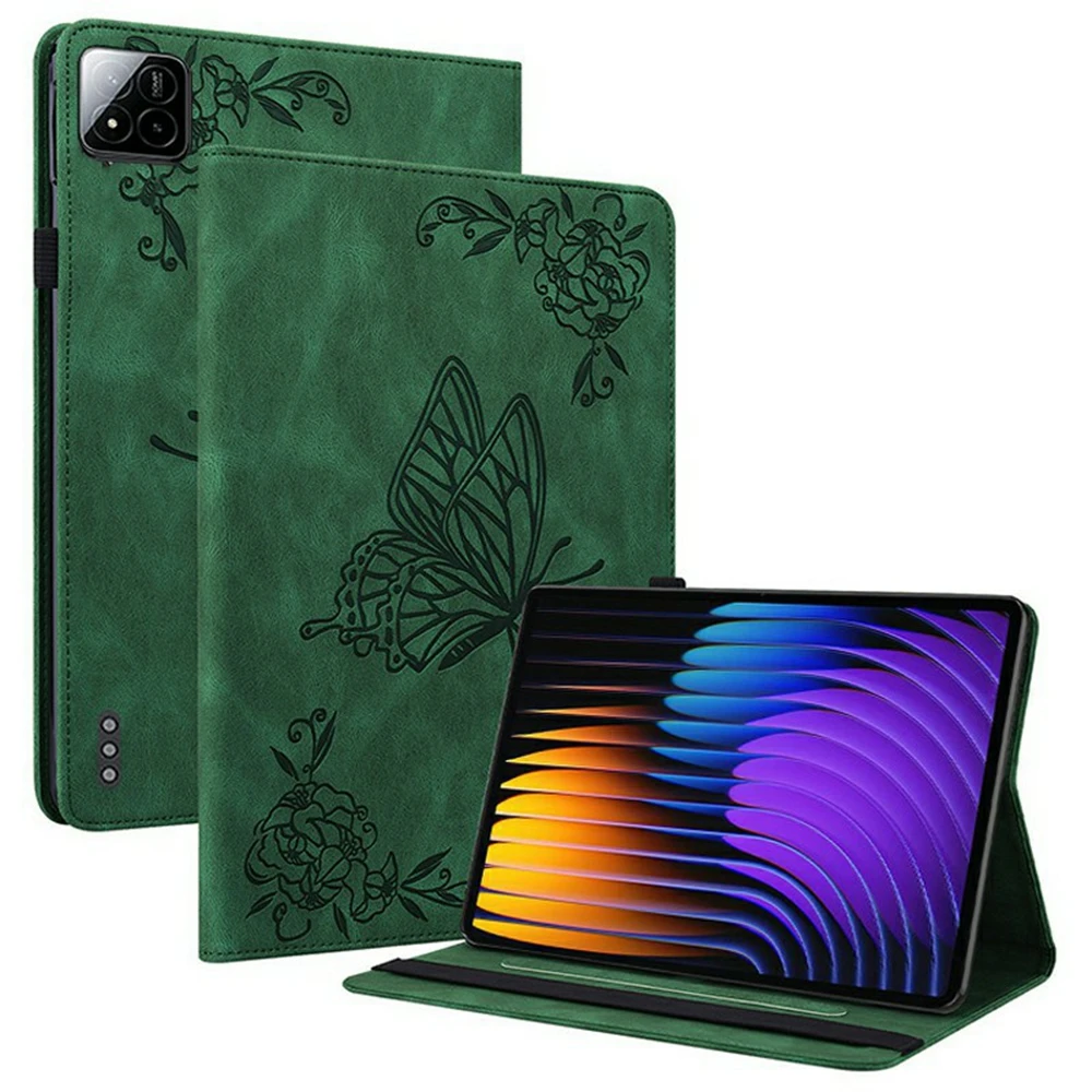

For Xiaomi Pad 7 Pro / Pad 7 Case Butterfly Flower Imprint PU Leather Tablet Cover with Card Slots - Green
