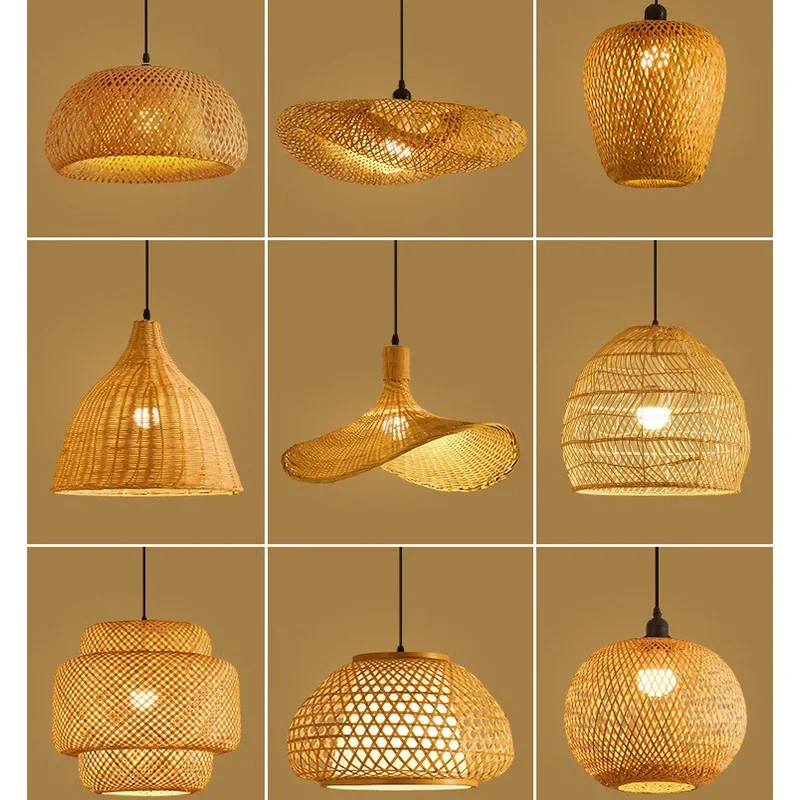 Japanese Bamboo Chandelier Chinese Style Rattan Woven Hanging Light Ceiling Lamp for Home Cafe Bar Decorate Restaurant Lighting