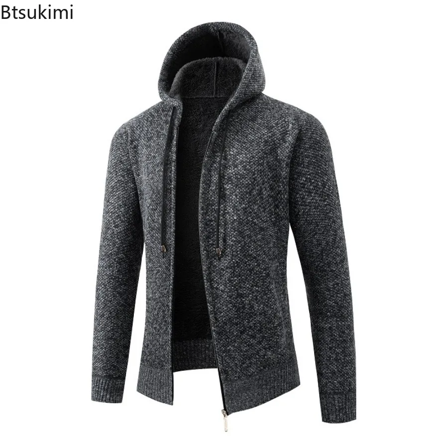 

2025 Autumn Winter Warm Cardigans Men's Knitted Zipper Hooded Jackets Fashion Casual Fleece Thicked Sweaters Men Knitwear Coats