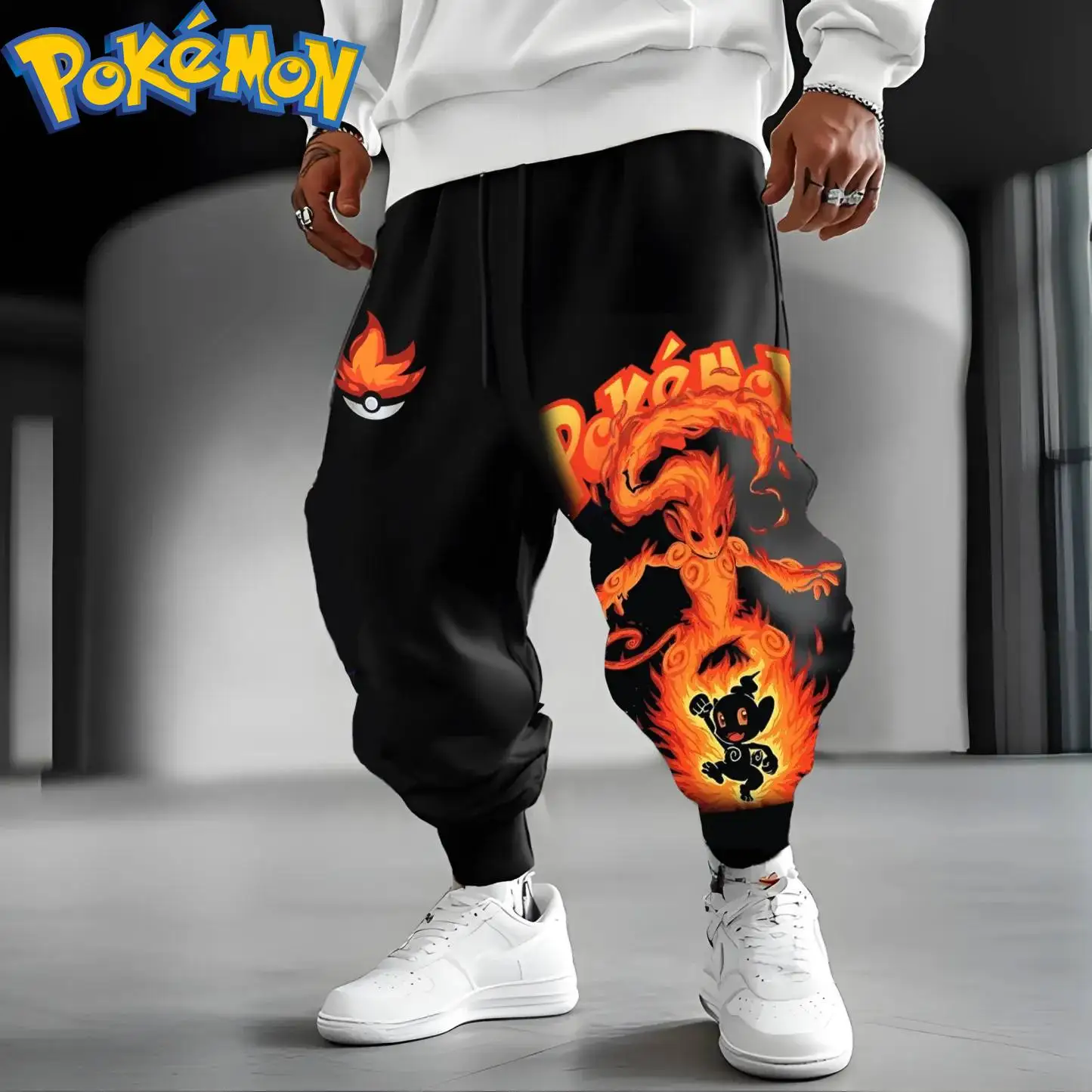 طقم سراويل هاراجوكو بقلنسوة قطنية من Pokemon Anime Infernape بنمط لهب أسود برتقالي مع تصميم شخصية صغيرة مكون من قطعتين #2