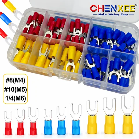 Insulated Fork Terminal Connector Kit, U-Type Spade Crimp Connectors, Electrical Wire Terminals for Automotive DIY Wiring Repair