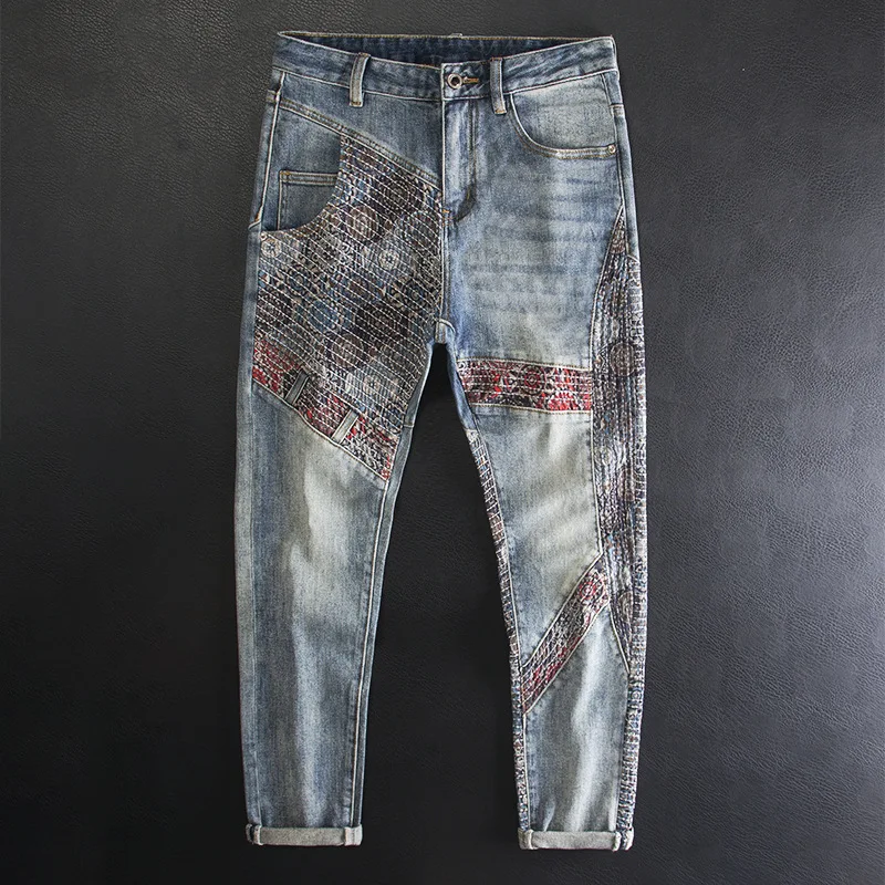 

High-end Fashion Personality Men's Jeans with Patchwork Craftsmanship, Embroidery Design, and Printed Street Denim Pants