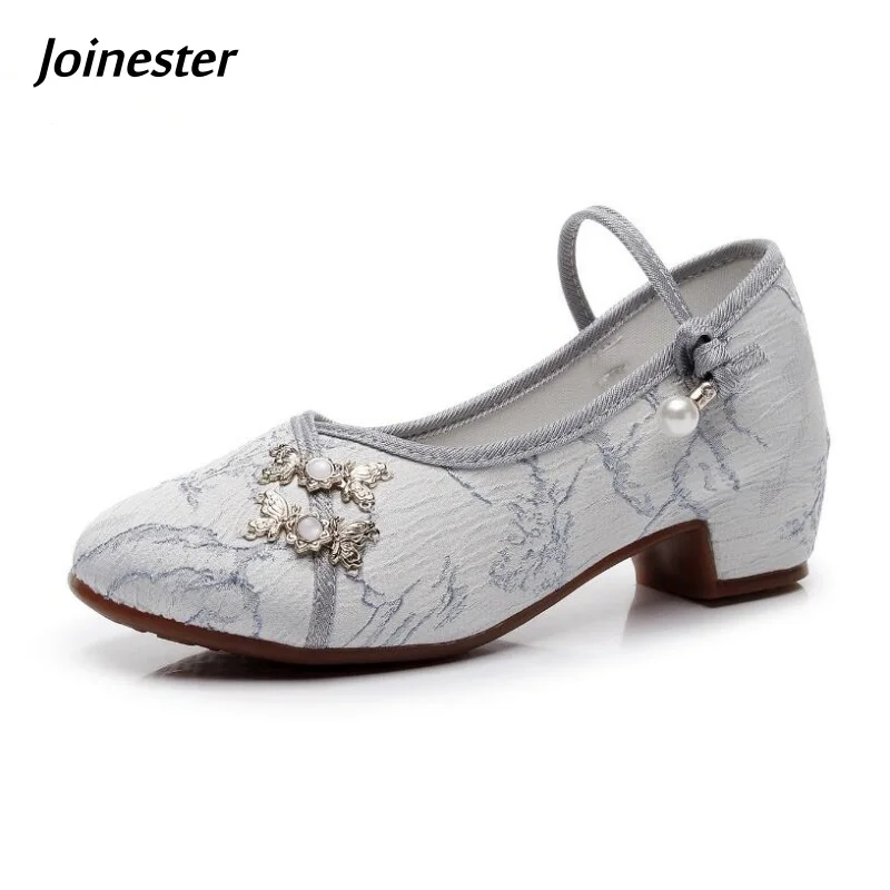 

Round Toe Embroidered Mary Jane Shoe for Ladies Chinese Style Ankle Strap Mid Heeled Dress Pumps Retro Spring Summer Footwear