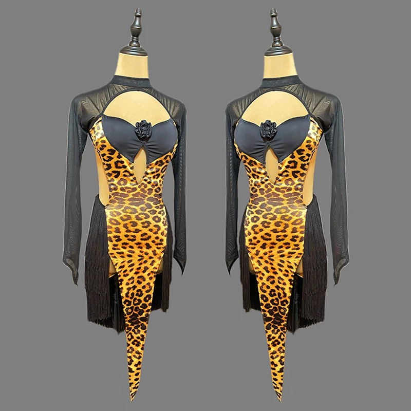セクシーなラテンダンスの服の女性長袖パフォーマンス衣装ヒョウ柄フリンジドレスチャチャルンバサンバダンスウェア VBH855