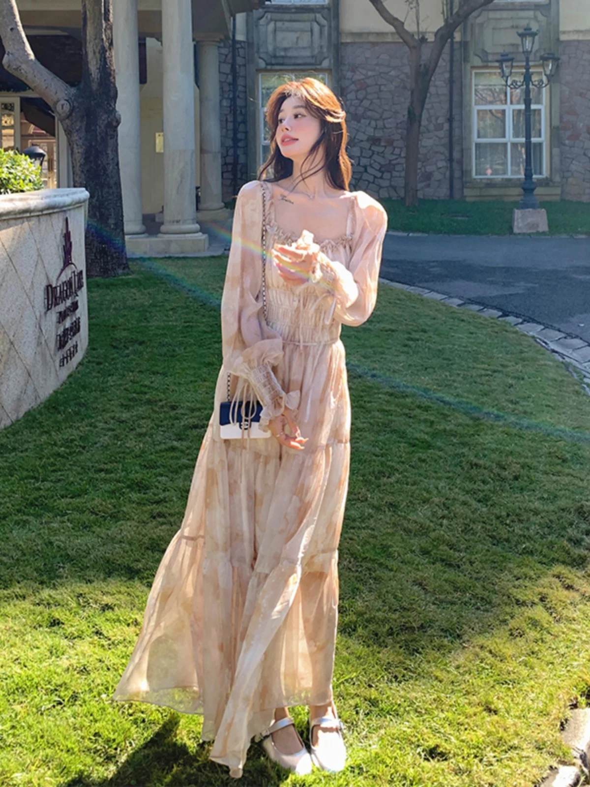 Ele Blumendruck Langer Damenrock für Frühling und Herbst mit Hoher Taille, A-Linie, Koreanischer Stil, für Pendler, Langer Rock für Teepausen