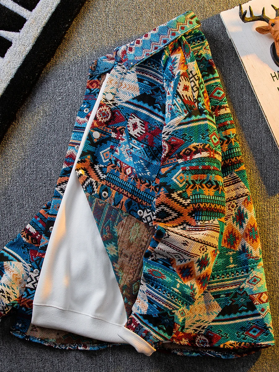 Vintage Ethnic Navajo Print Shirt Jacket Men's Retro Spring Autumn Boho Tribal Pattern Long Sleeve Oversized Casual Outerwear