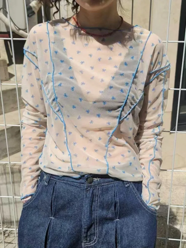 

Women Y2k Casual Bows Printed Mesh T-shirt Japanese Kawaii Long Sleeve Outer Wear Top Summer New Sun Protection Tees Girl Clothe