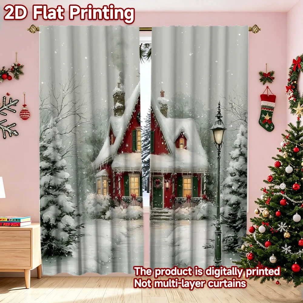 2D flat printing 2pcs Christmas Curtains Christmas Snowy Red Cottage Durable polyester fiber Festive Wall Decor Perfect for