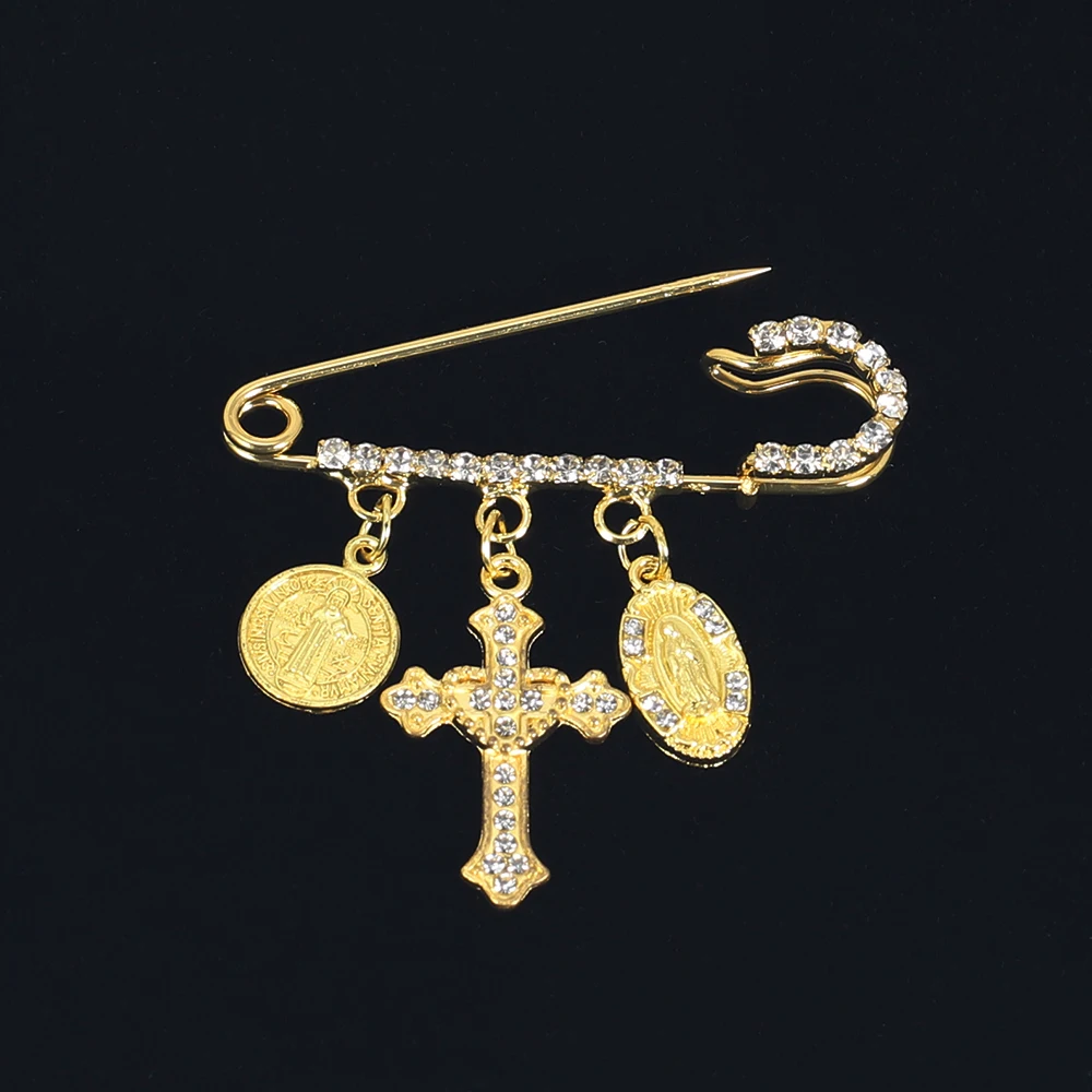 Religion Crystal Diamond Brooch Catholicism Cross Virgin Mary for Women Men Lucky Fashion Safety Pin Jewelry Gift Dropshipping