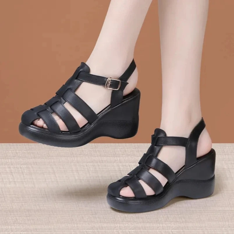 

2025 Small Size 32-43 Close Head Leather Platform Wedges Shoes Women Summer High Heels Gladiator Sandals for Office Beach Mom