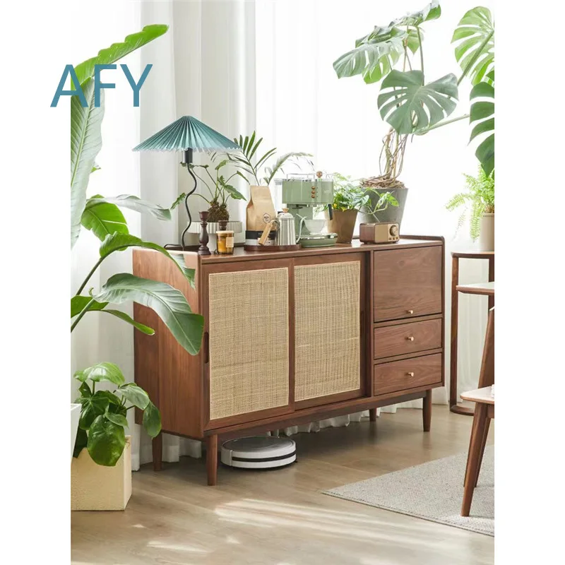 New Chinese Style Black Walnut Dining Sideboard Cabinet for North America with Song Dynasty Aesthetic Wicker Design Zen Wabi
