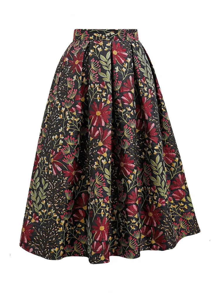 High Quality 2026 New Spring Autumn Embroidery Jacquard Mid-length A-line Skirt Elegant High Waist Vintage Female Puff Skirts