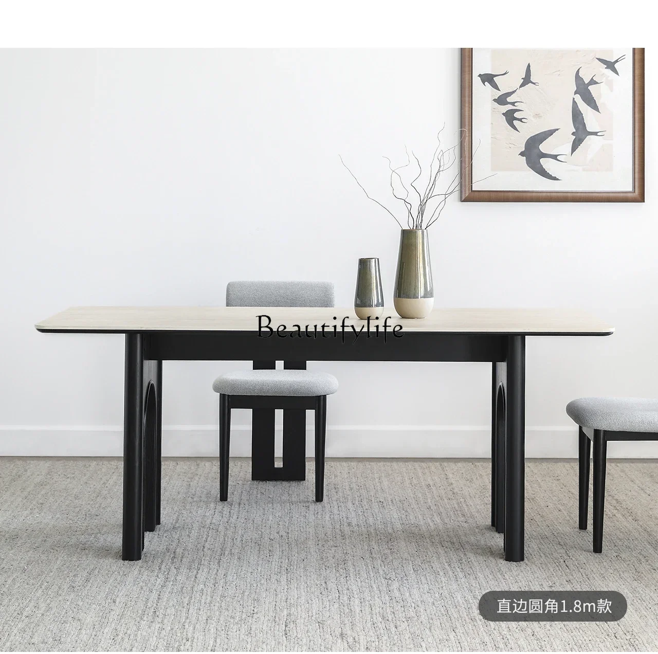 

yj14French retro solid wood travertine rock slab dining table small apartment medium and ancient rectangular table