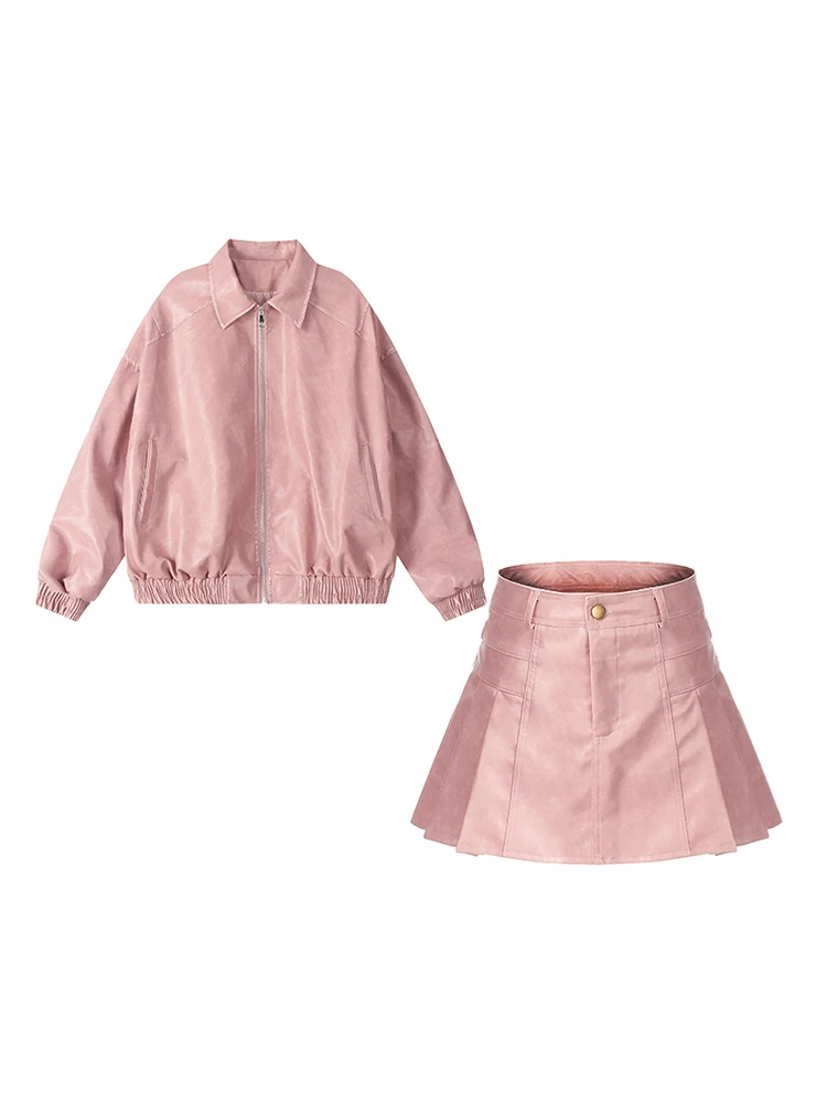 レトロ97 レディースバイカージャケットとAラインミニスカートセット 秋ファッションアウター 長袖ジッパー開閉