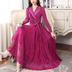 Miyake Pleated Dresses Women's 2025 Spring and Autumn New Fashion Loose Geometric Print O-neck Long-sleeved Elegant Midi Dress