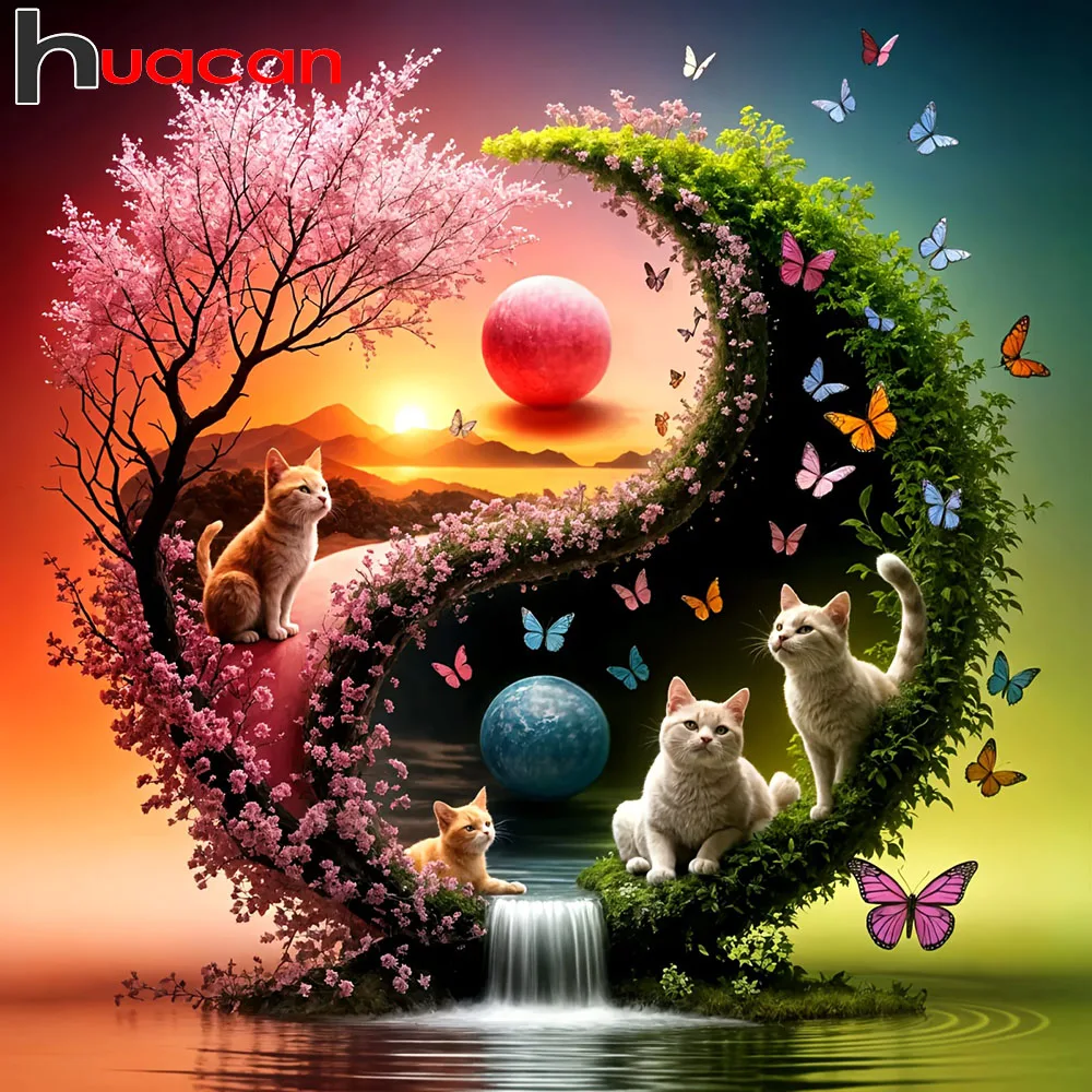 Huacan DIY Diamantmalerei Katze Vollquadratisch Rund Mosaik Landschaft Neuheiten Wanddekoration