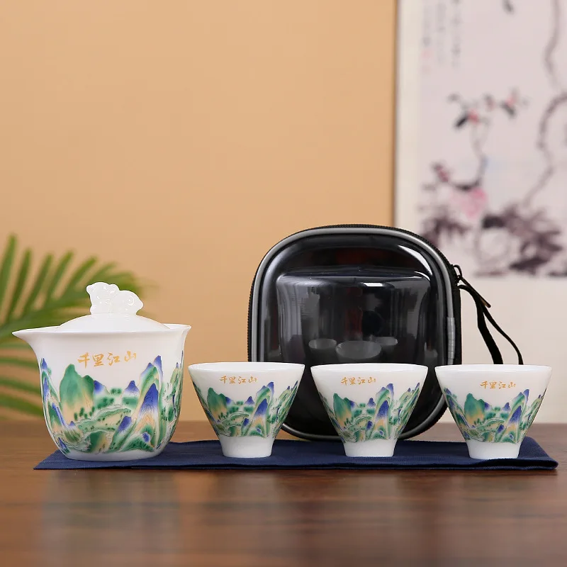 Yangzhi Jade One Pot Three Cups Gift Box Household Light Luxury Ceramic Travel Set Gaiwan Tea Cup Handbag Customizable