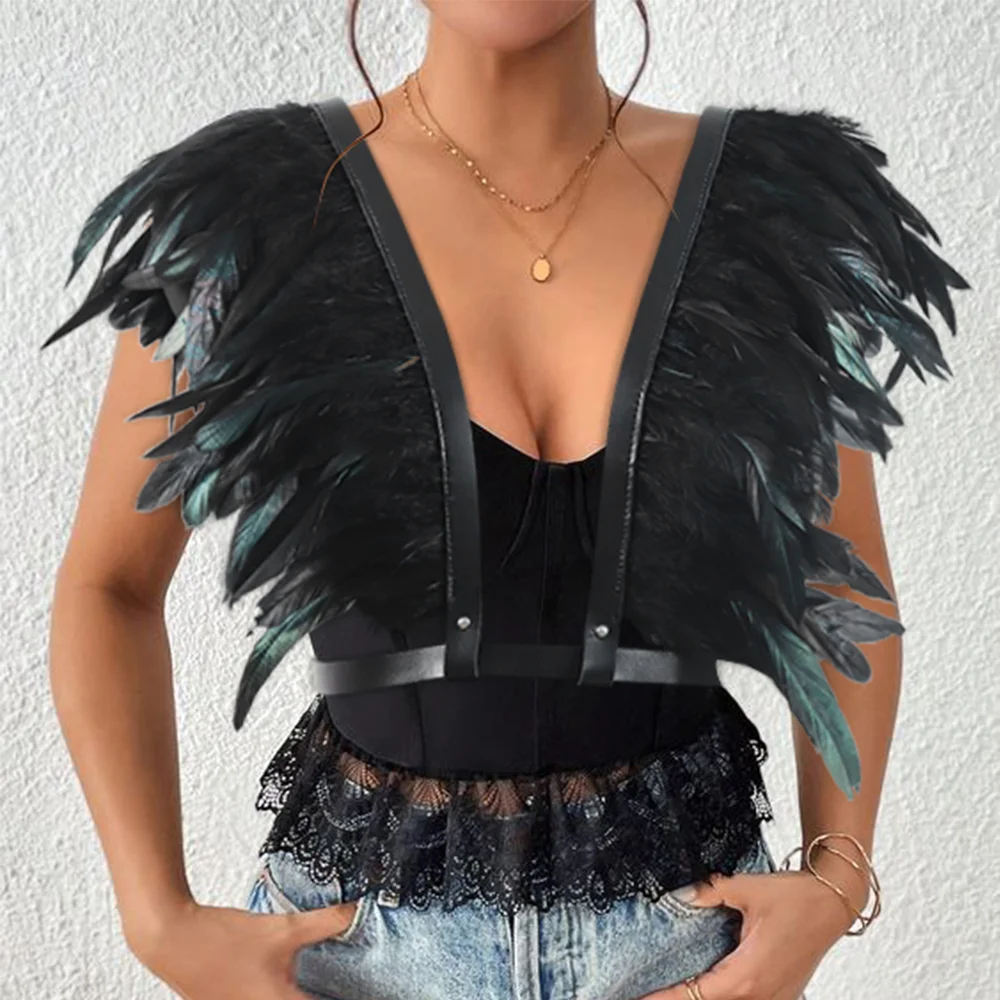 1Pc Gothic Black Gorgeous Feather Shawl Rooster Feather Scarf Faux Feather Collar Feather Accessory Boho Stage Performance