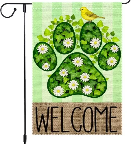 Welcome Garden Flag Double Sided with Green Paw Print, Daisies, 12x18 Inch XXQ