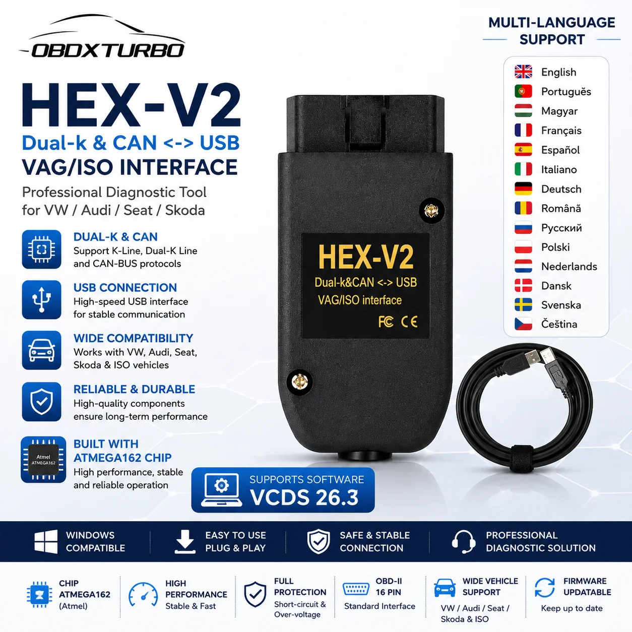 Interfejs VCDS VAGCOM 2026 VCDSCAN HEX V2 Aktualizacja 26.3 DLA VW, AUDI, Skoda, Seat, wielojęzyczne narzędzia diagnostyczne Autocom do samochodów