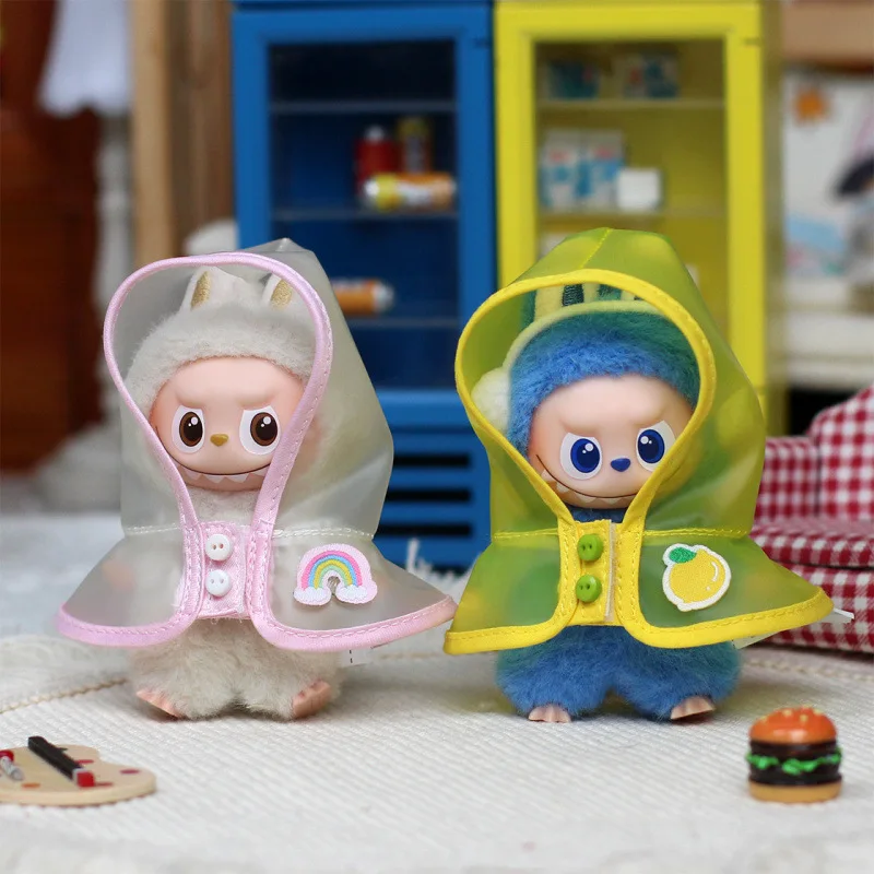 

For 4th Gen Mini Labubu Heart Code Rain Poncho Outfit, White Yellow Green Raincoat for Keychain Vinyl Doll Cute Clothing