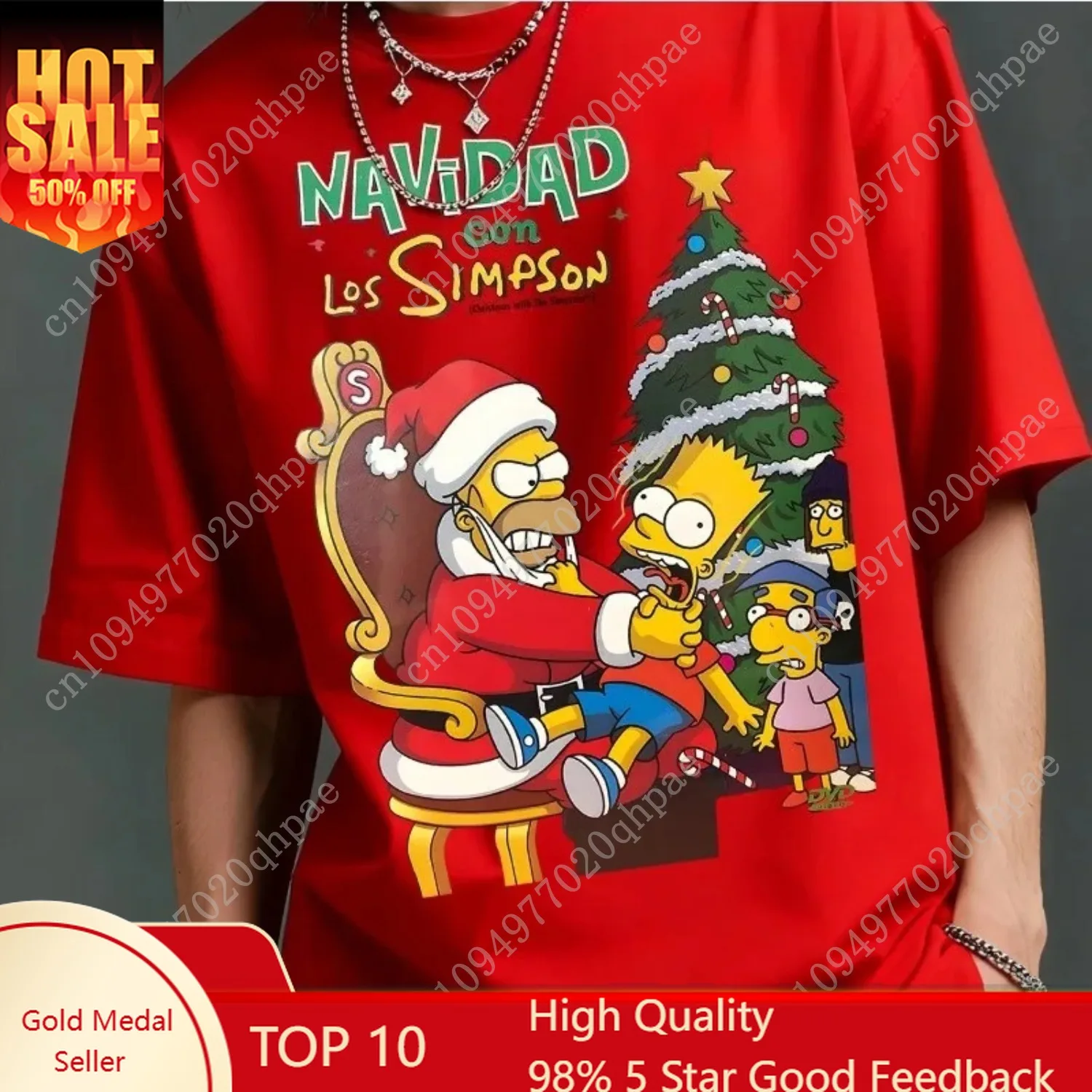 

Christmas Tree Simpson Collaboration Christmas Homer and Bart Print Boys' and Girls' Same Casual Short-sleeved T-shirt