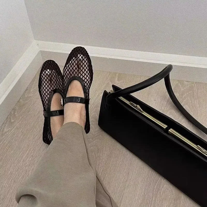Mesh Black Ballet Shoes Female Summer New Flat Hollow Mesh Breathable Single Shoe Fishnet Shoes Sandals Mary Jane