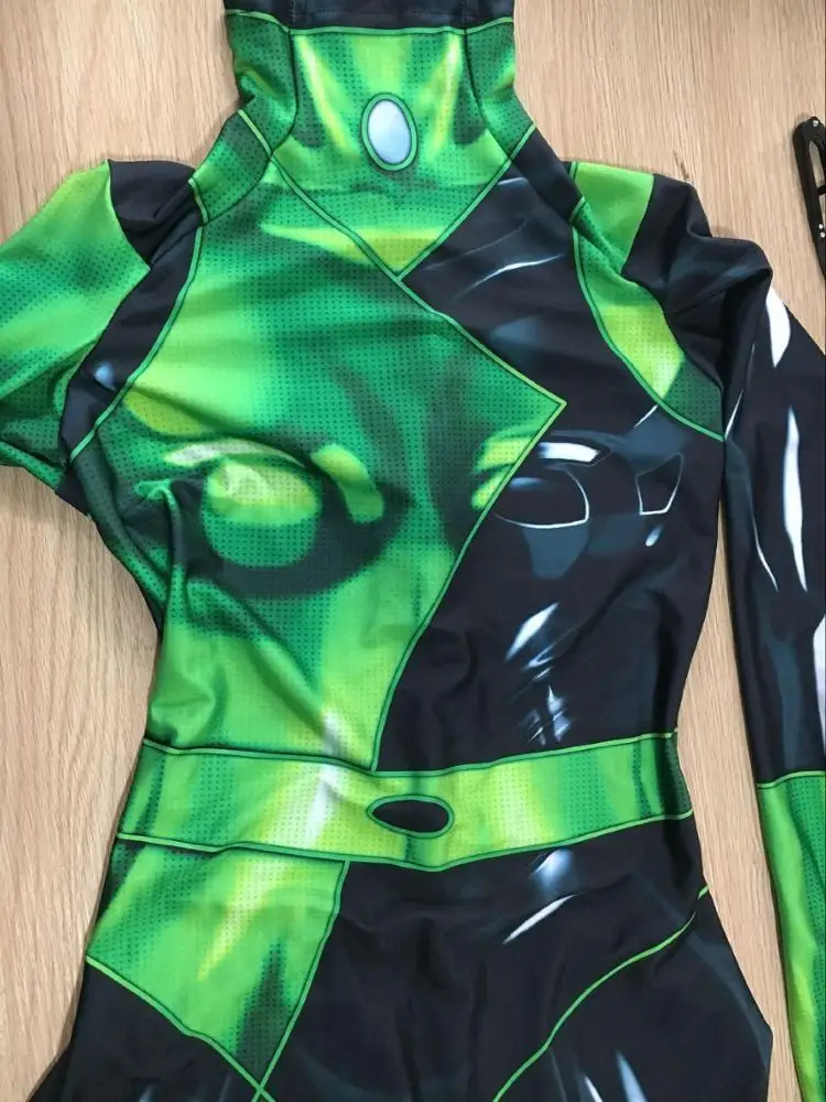 Fêmea Super Vilão Zentai Terno, Shego Cosplay Trajes, Terno do Dia das Bruxas