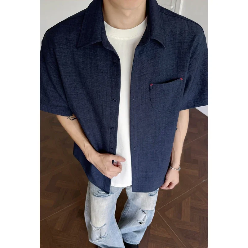 Men Breathable Linen Blend Short Sleeve Button Shirt Lapel Collar Chest Pocket Loose Cut For Summer Layered Dressing