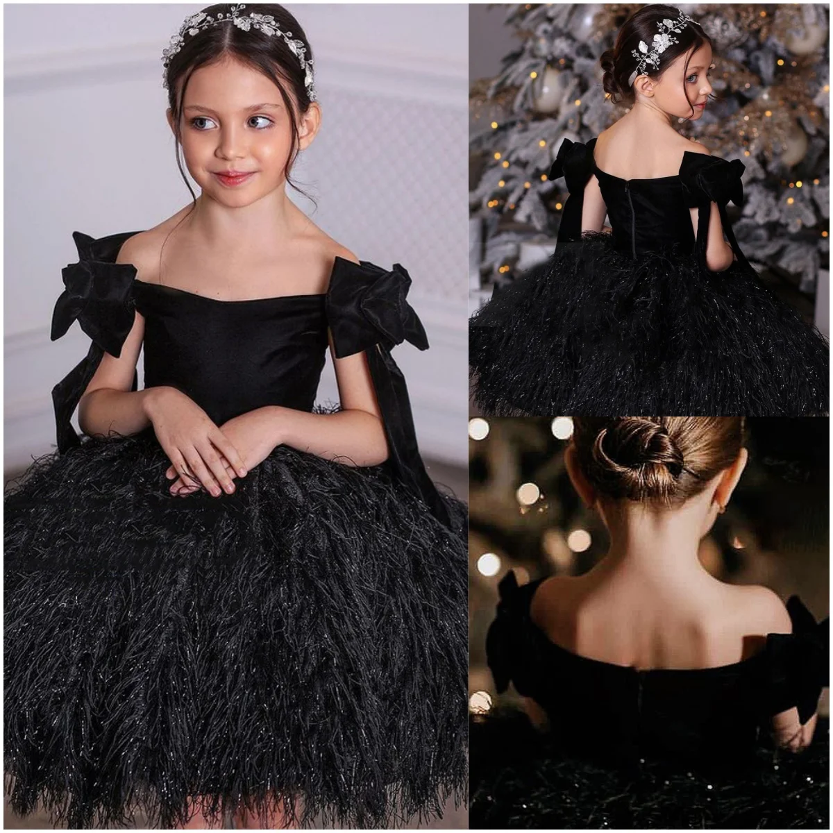 Black Feather Flower Girl Dress For Wedding With Bow Off Shoulder Knee Length Girl Kids Birthday Party First Holy Communion Gown