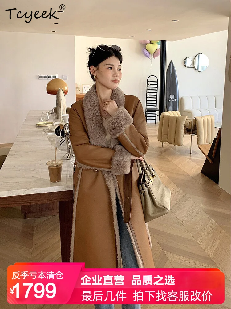 Tcyeek lana genuina Otoño Invierno gama alta moda tarjeta profunda longitud media mujer lana piel de oveja abrigo Fourrures Femme